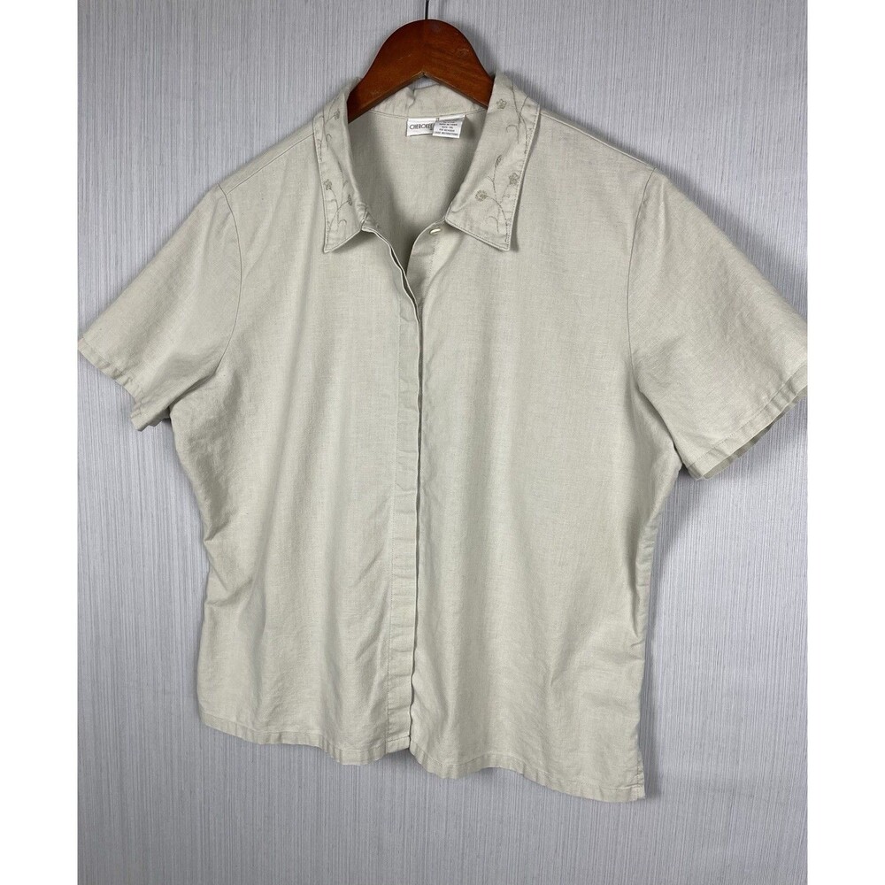 Linen Cotton Short Sleeve Button Down Embroidered Collar Cherokee XL - Picture 2 of 7